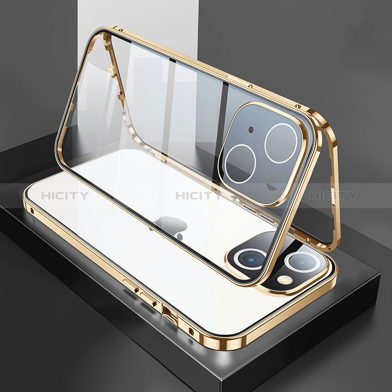 Coque Rebord Bumper Luxe Aluminum Metal Miroir 360 Degres Housse Etui Aimant M01 pour Apple iPhone 15 Or Plus