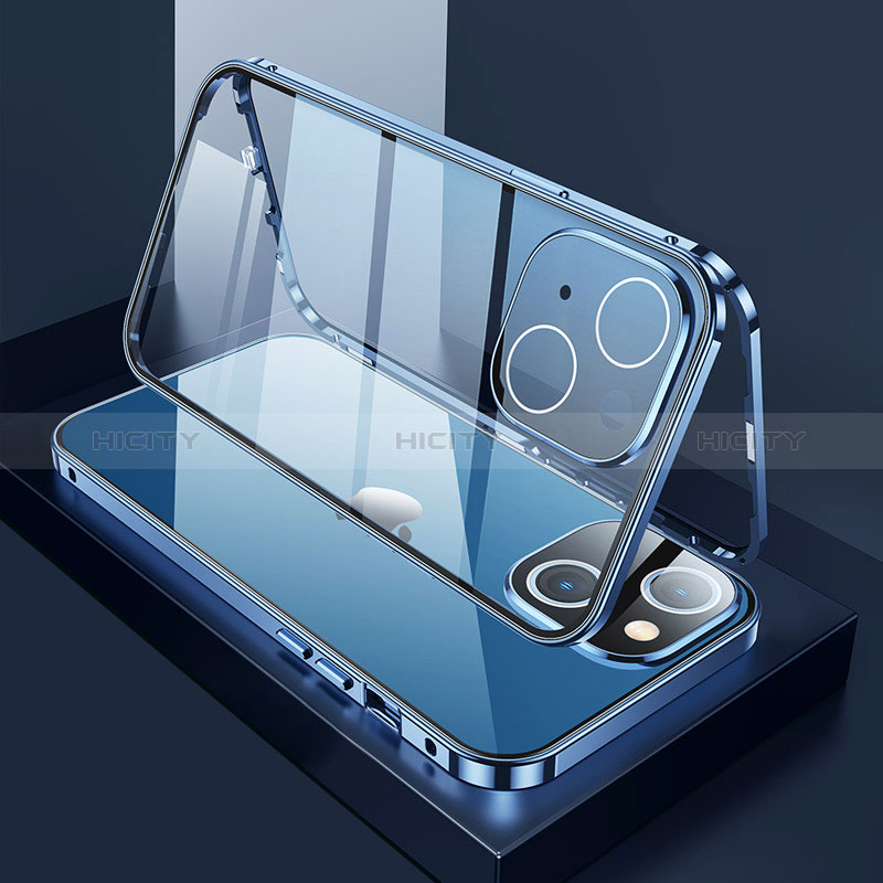 Coque Rebord Bumper Luxe Aluminum Metal Miroir 360 Degres Housse Etui Aimant M01 pour Apple iPhone 15 Plus Bleu Plus