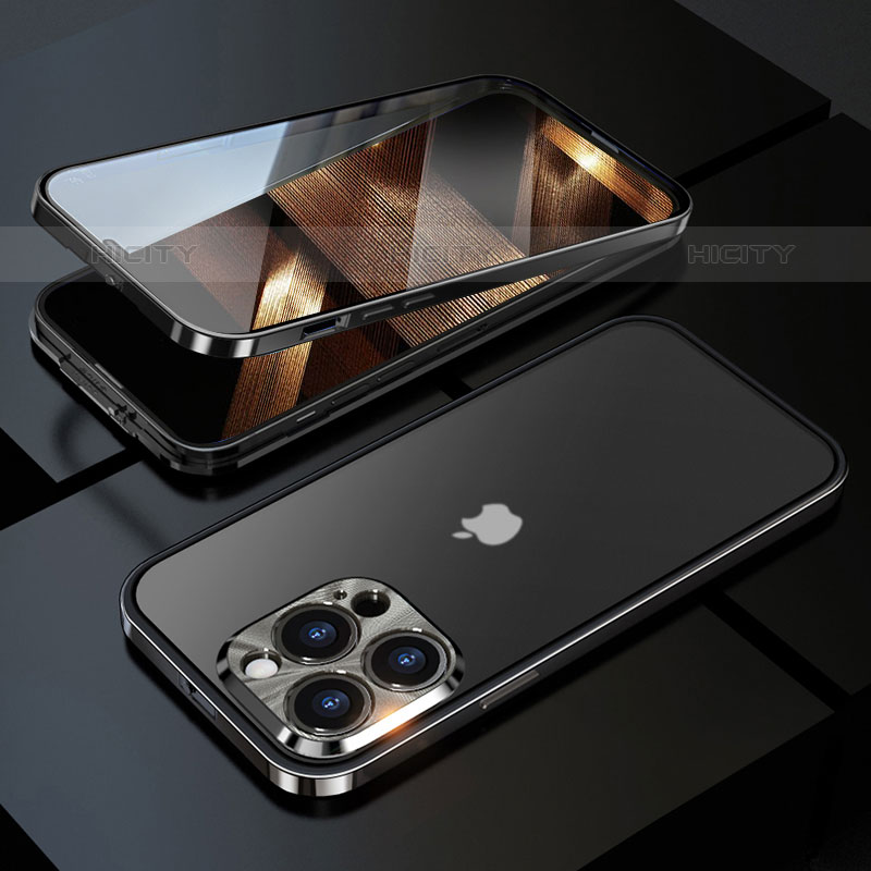 Coque Rebord Bumper Luxe Aluminum Metal Miroir 360 Degres Housse Etui Aimant M01 pour Apple iPhone 15 Pro Max Noir Plus