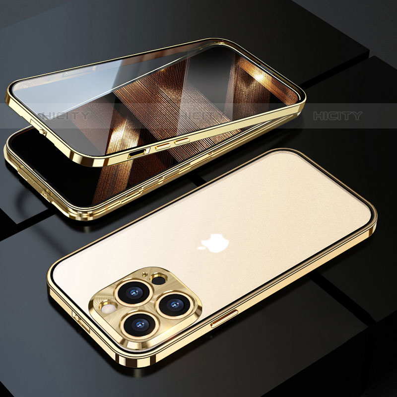 Coque Rebord Bumper Luxe Aluminum Metal Miroir 360 Degres Housse Etui Aimant M01 pour Apple iPhone 15 Pro Max Or Plus