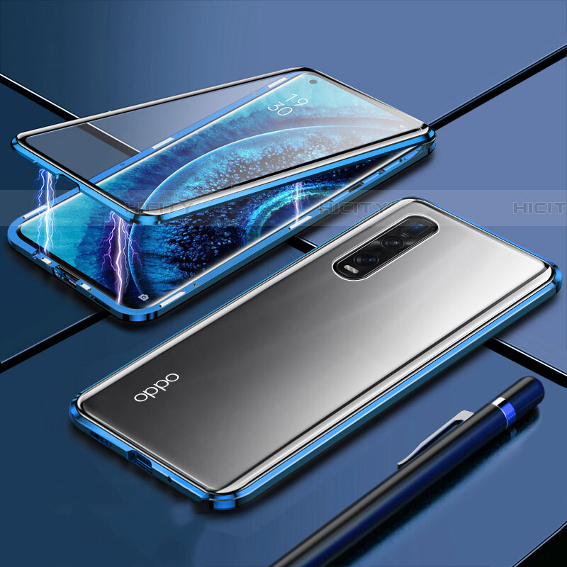 Coque Rebord Bumper Luxe Aluminum Metal Miroir 360 Degres Housse Etui Aimant M01 pour Oppo Find X2 Pro Bleu Plus