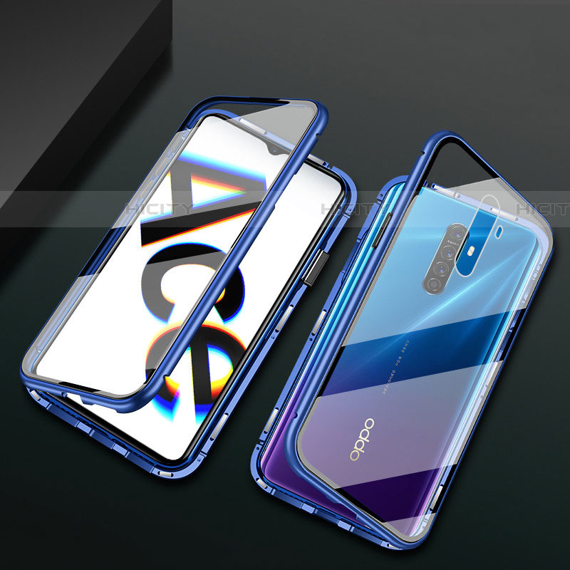 Coque Rebord Bumper Luxe Aluminum Metal Miroir 360 Degres Housse Etui Aimant M01 pour Oppo Reno Ace Bleu Plus