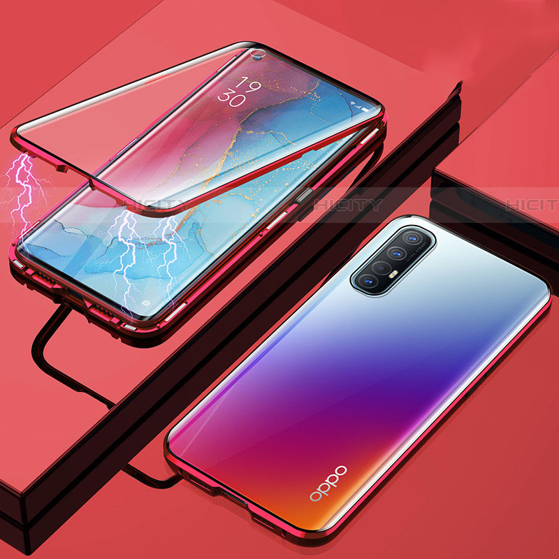 Coque Rebord Bumper Luxe Aluminum Metal Miroir 360 Degres Housse Etui Aimant M01 pour Oppo Reno3 Pro Rouge Plus