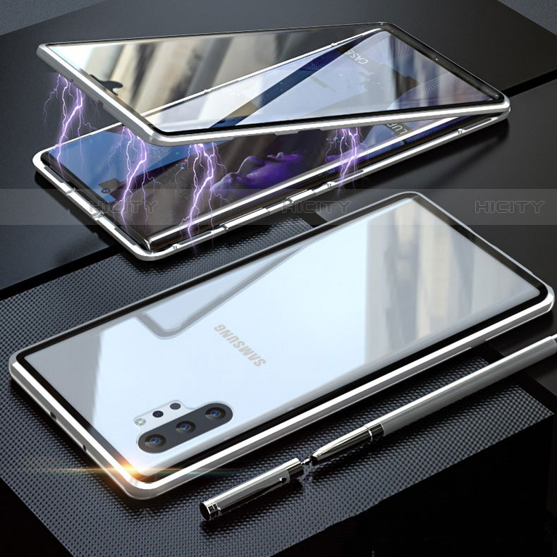 Coque Rebord Bumper Luxe Aluminum Metal Miroir 360 Degres Housse Etui Aimant M01 pour Samsung Galaxy Note 10 Plus 5G Argent Plus