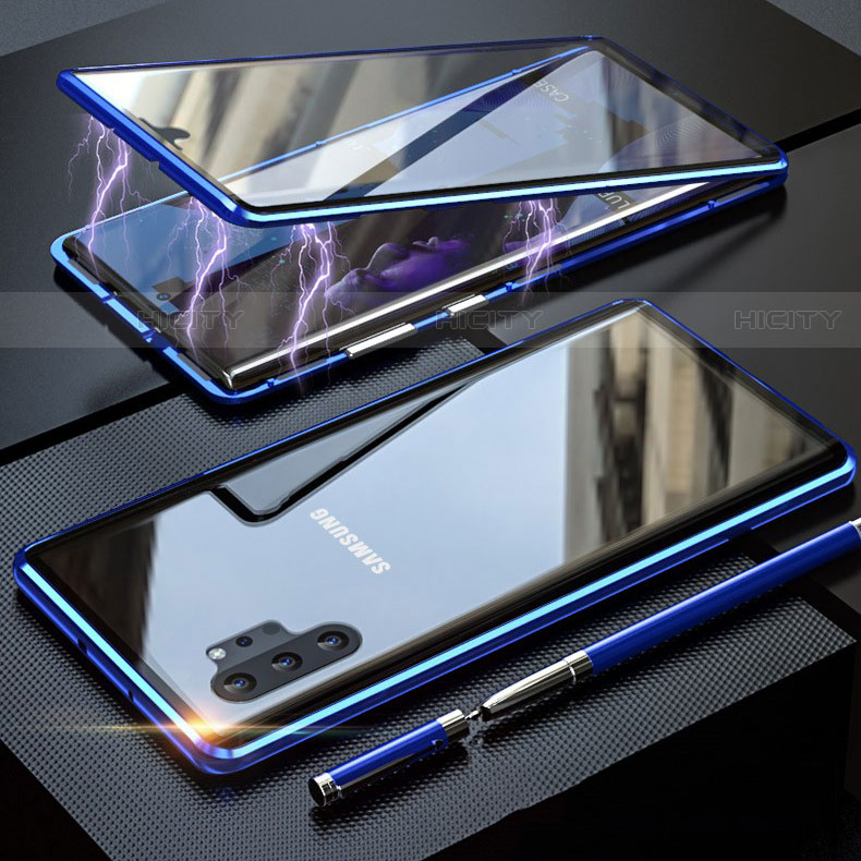 Coque Rebord Bumper Luxe Aluminum Metal Miroir 360 Degres Housse Etui Aimant M01 pour Samsung Galaxy Note 10 Plus 5G Bleu Plus