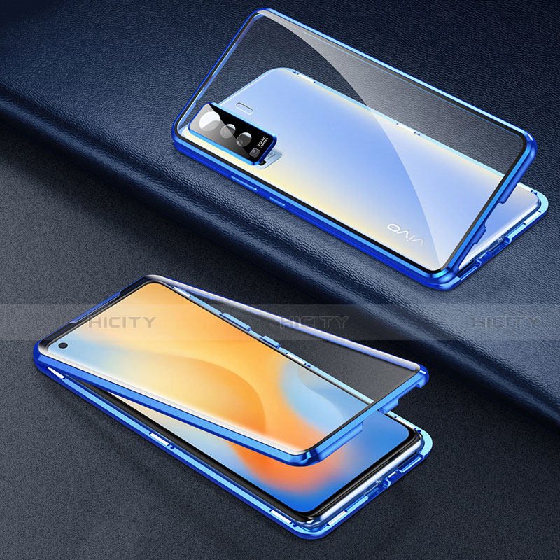 Coque Rebord Bumper Luxe Aluminum Metal Miroir 360 Degres Housse Etui Aimant M01 pour Vivo X50 5G Bleu Plus