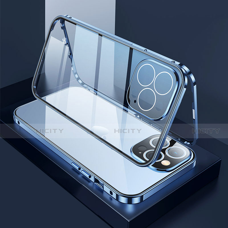 Coque Rebord Bumper Luxe Aluminum Metal Miroir 360 Degres Housse Etui Aimant M02 pour Apple iPhone 13 Pro Bleu Plus