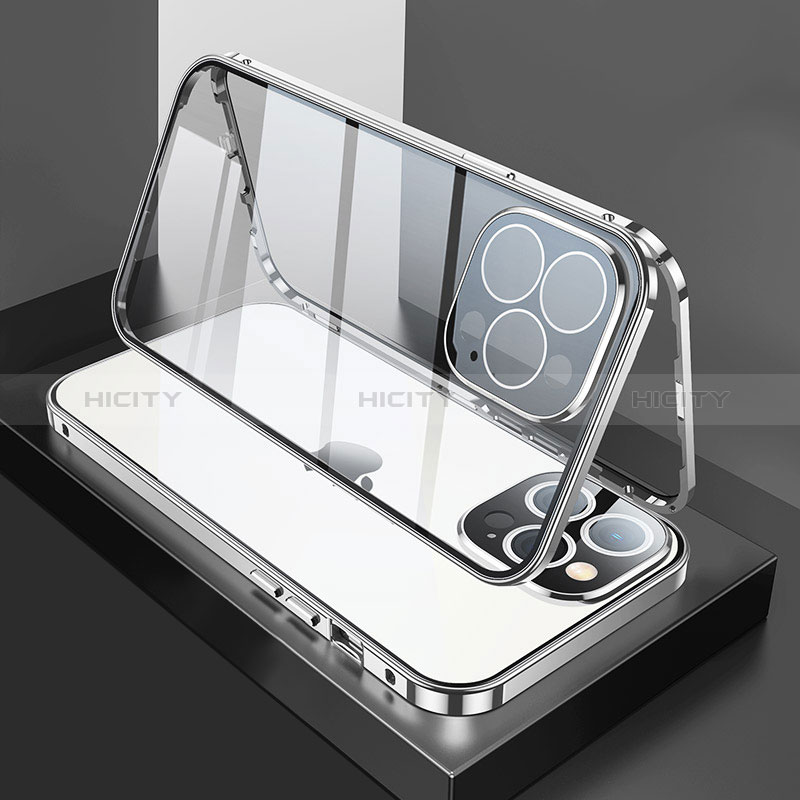 Coque Rebord Bumper Luxe Aluminum Metal Miroir 360 Degres Housse Etui Aimant M02 pour Apple iPhone 14 Pro Argent Plus