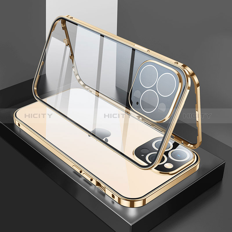 Coque Rebord Bumper Luxe Aluminum Metal Miroir 360 Degres Housse Etui Aimant M02 pour Apple iPhone 14 Pro Max Or Plus