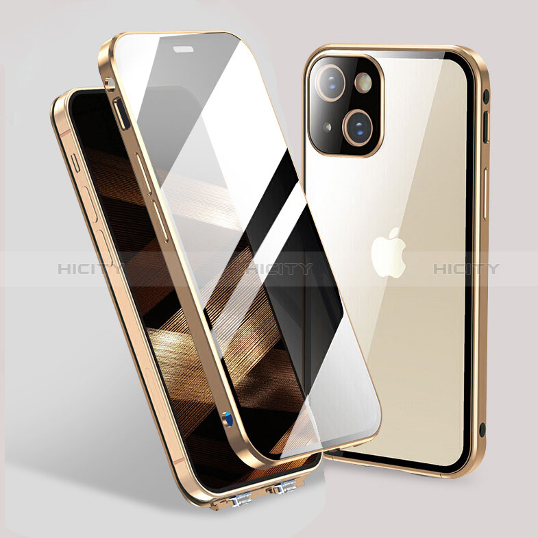 Coque Rebord Bumper Luxe Aluminum Metal Miroir 360 Degres Housse Etui Aimant M02 pour Apple iPhone 15 Or Plus