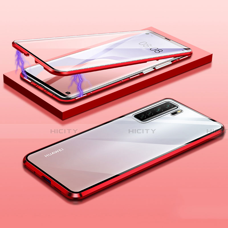 Coque Rebord Bumper Luxe Aluminum Metal Miroir 360 Degres Housse Etui Aimant M02 pour Huawei P40 Lite 5G Rouge Plus