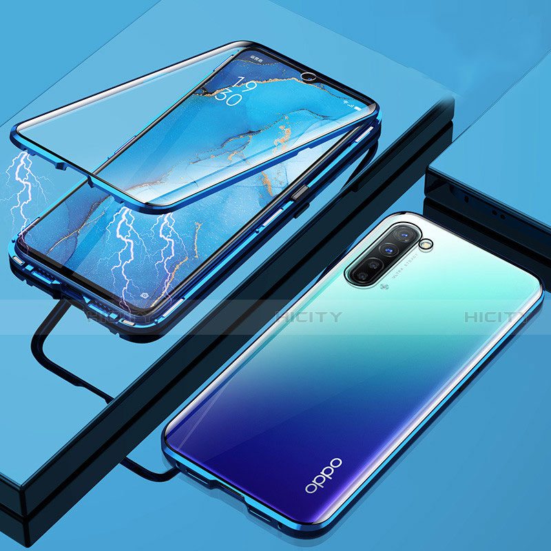 Coque Rebord Bumper Luxe Aluminum Metal Miroir 360 Degres Housse Etui Aimant M02 pour Oppo F15 Bleu Plus