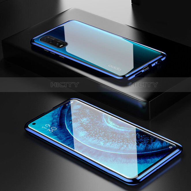 Coque Rebord Bumper Luxe Aluminum Metal Miroir 360 Degres Housse Etui Aimant M02 pour Oppo Find X2 Bleu Plus