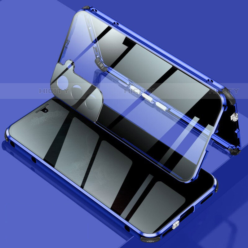 Coque Rebord Bumper Luxe Aluminum Metal Miroir 360 Degres Housse Etui Aimant M02 pour Samsung Galaxy S22 5G Bleu Plus