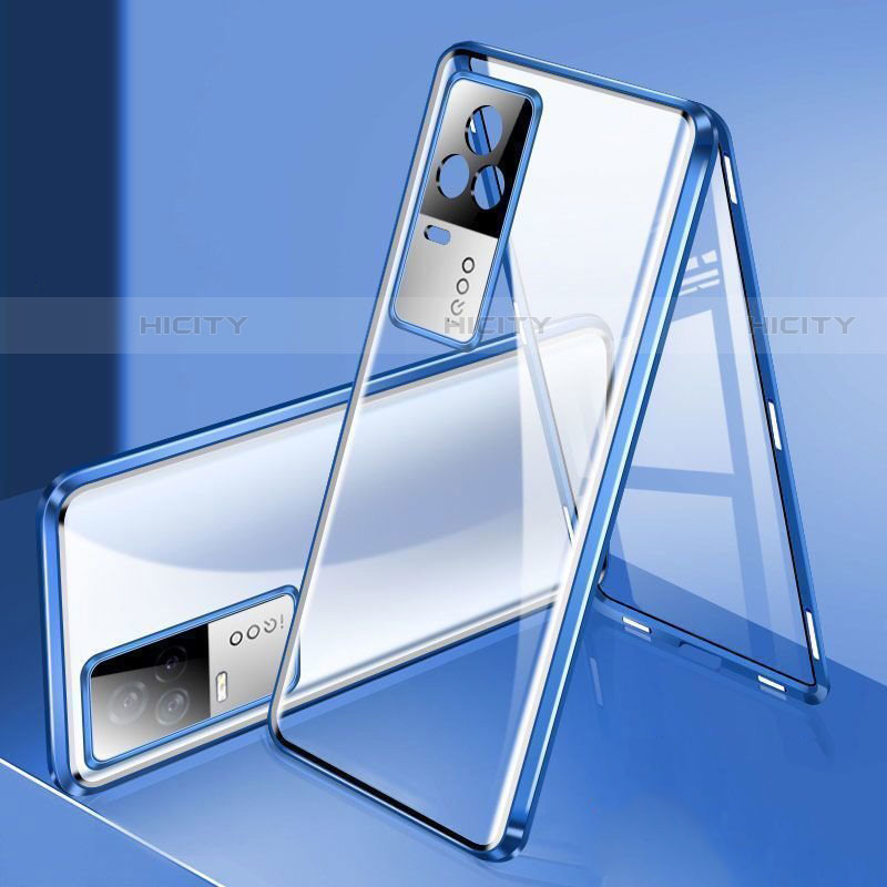 Coque Rebord Bumper Luxe Aluminum Metal Miroir 360 Degres Housse Etui Aimant M02 pour Vivo iQOO 8 5G Bleu Plus