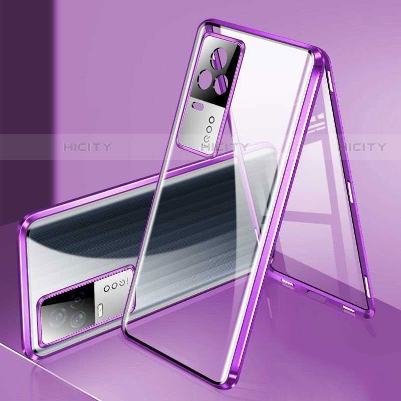 Coque Rebord Bumper Luxe Aluminum Metal Miroir 360 Degres Housse Etui Aimant M02 pour Vivo iQOO 8 5G Violet Plus