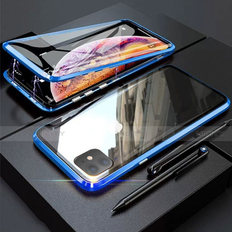 Coque Rebord Bumper Luxe Aluminum Metal Miroir 360 Degres Housse Etui Aimant M03 pour Apple iPhone 11 Bleu Plus