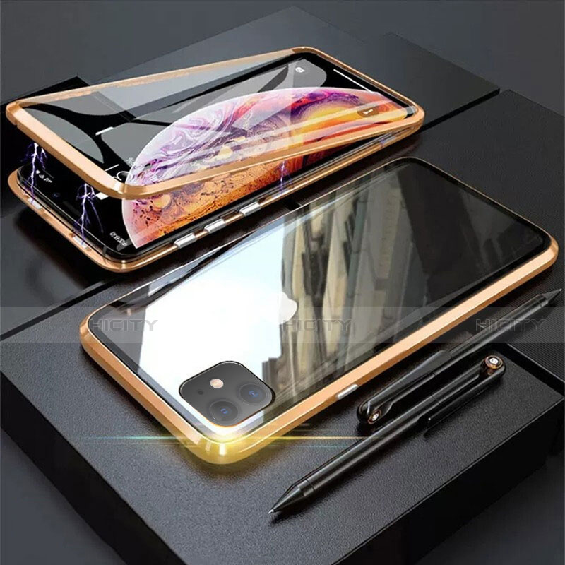 Coque Rebord Bumper Luxe Aluminum Metal Miroir 360 Degres Housse Etui Aimant M03 pour Apple iPhone 11 Or Plus