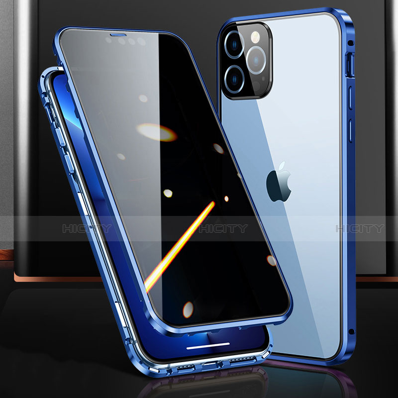 Coque Rebord Bumper Luxe Aluminum Metal Miroir 360 Degres Housse Etui Aimant M03 pour Apple iPhone 13 Pro Bleu Plus