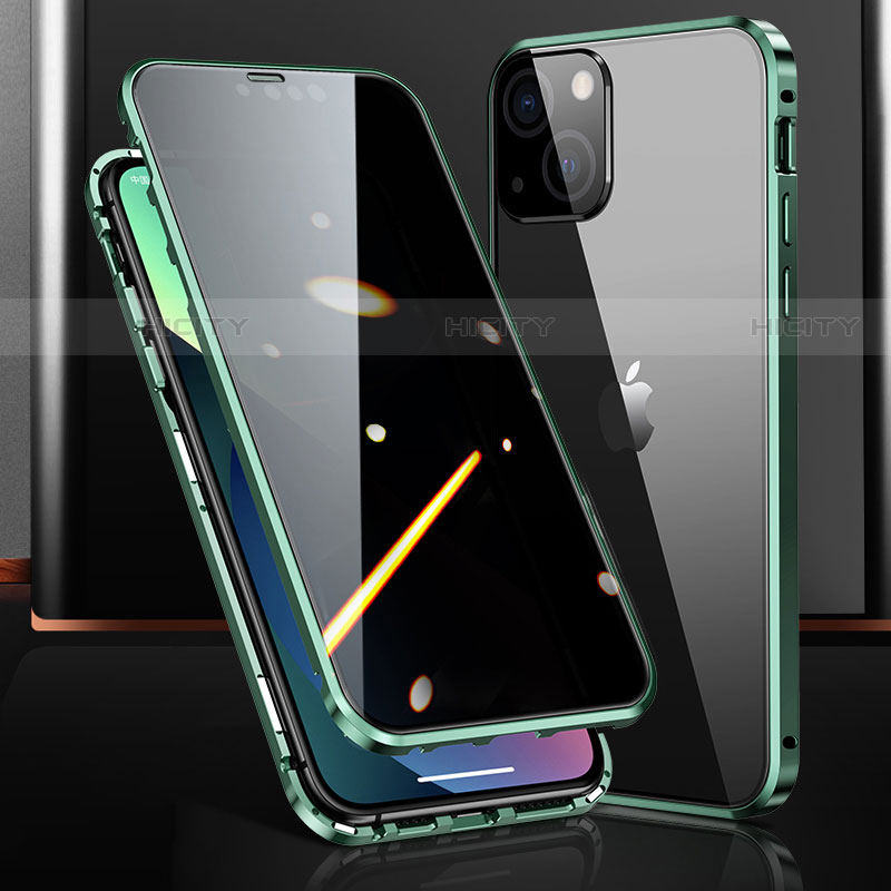 Coque Rebord Bumper Luxe Aluminum Metal Miroir 360 Degres Housse Etui Aimant M03 pour Apple iPhone 13 Vert Plus