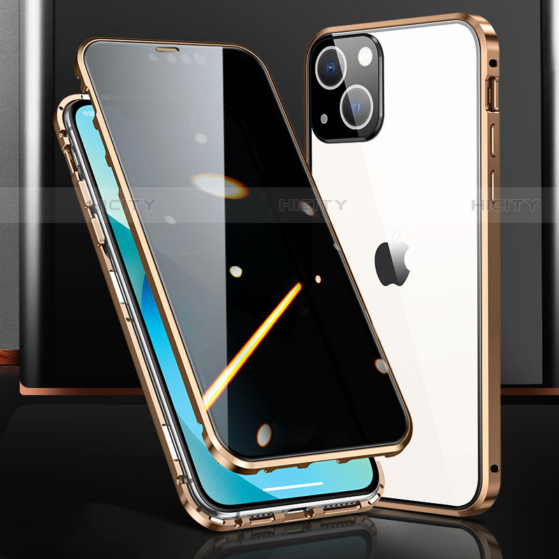 Coque Rebord Bumper Luxe Aluminum Metal Miroir 360 Degres Housse Etui Aimant M03 pour Apple iPhone 14 Or Plus