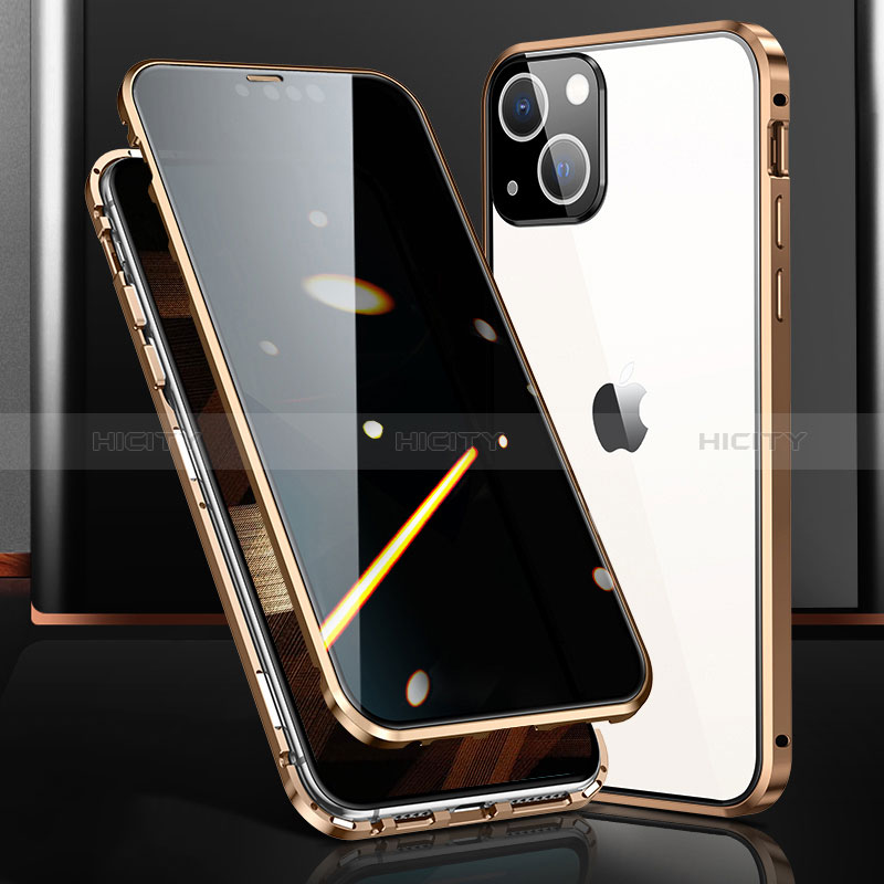 Coque Rebord Bumper Luxe Aluminum Metal Miroir 360 Degres Housse Etui Aimant M03 pour Apple iPhone 15 Or Plus