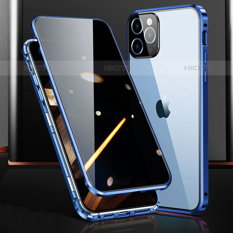 Coque Rebord Bumper Luxe Aluminum Metal Miroir 360 Degres Housse Etui Aimant M03 pour Apple iPhone 15 Pro Bleu Plus