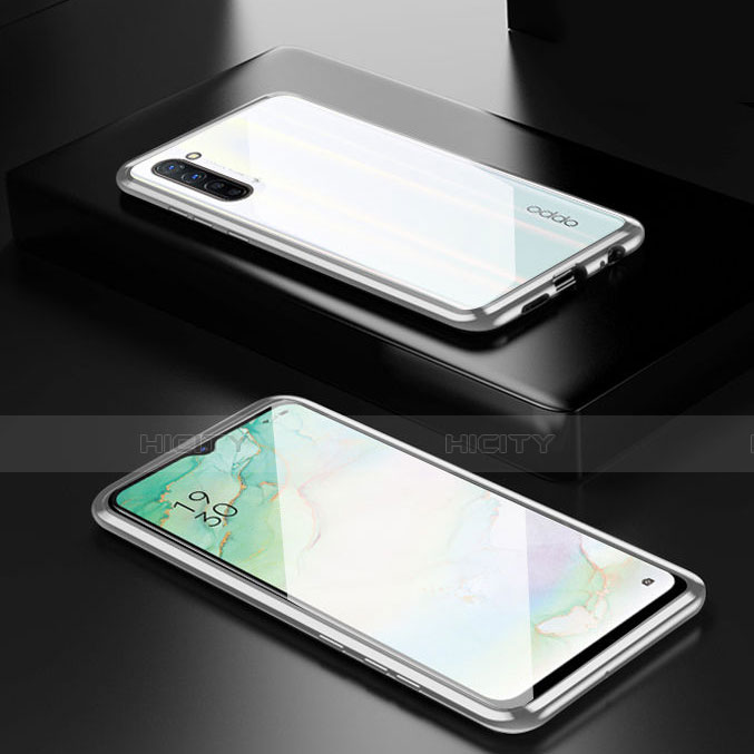 Coque Rebord Bumper Luxe Aluminum Metal Miroir 360 Degres Housse Etui Aimant M03 pour Oppo F15 Argent Plus