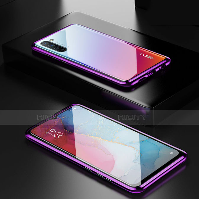 Coque Rebord Bumper Luxe Aluminum Metal Miroir 360 Degres Housse Etui Aimant M03 pour Oppo F15 Violet Plus