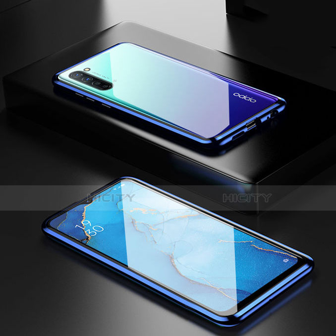 Coque Rebord Bumper Luxe Aluminum Metal Miroir 360 Degres Housse Etui Aimant M03 pour Oppo Reno3 Bleu Plus