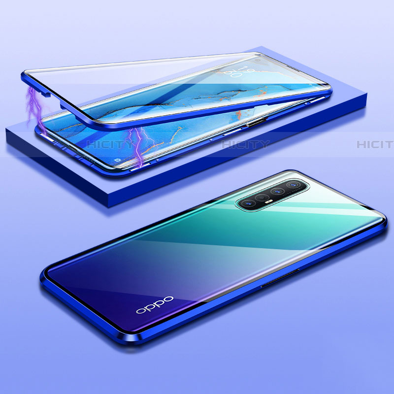 Coque Rebord Bumper Luxe Aluminum Metal Miroir 360 Degres Housse Etui Aimant M03 pour Oppo Reno3 Pro Bleu Plus