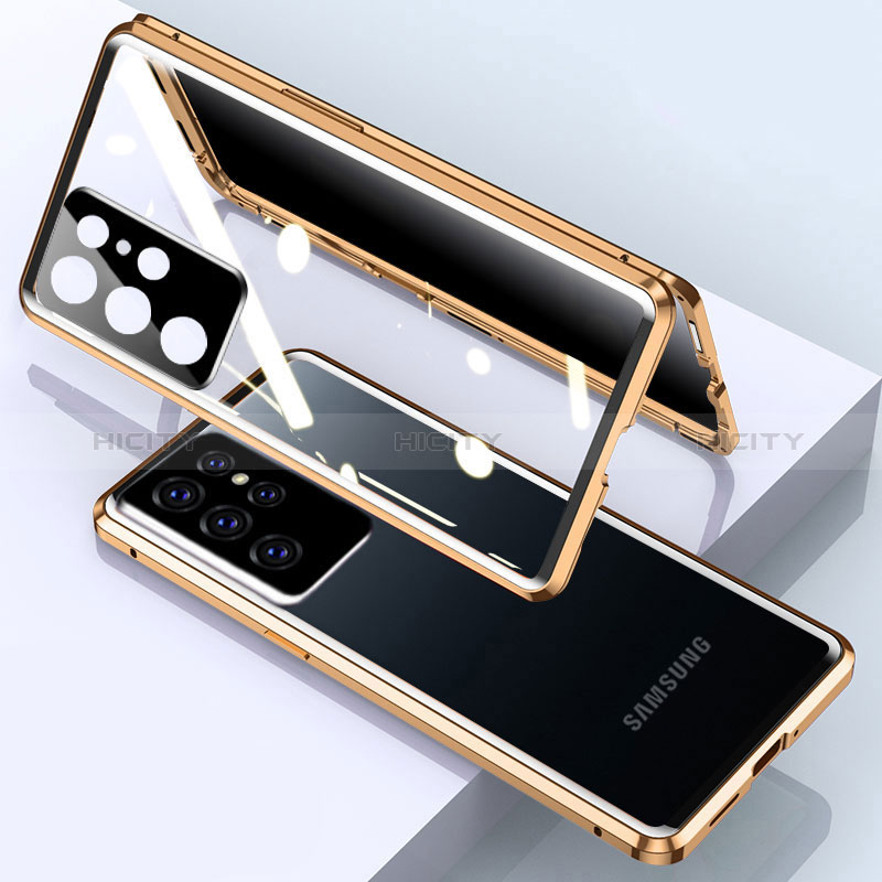 Coque Rebord Bumper Luxe Aluminum Metal Miroir 360 Degres Housse Etui Aimant M03 pour Samsung Galaxy S24 Ultra 5G Or Plus