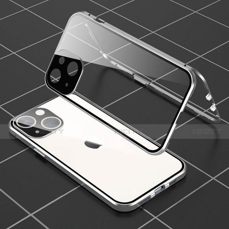 Coque Rebord Bumper Luxe Aluminum Metal Miroir 360 Degres Housse Etui Aimant M04 pour Apple iPhone 13 Mini Argent Plus