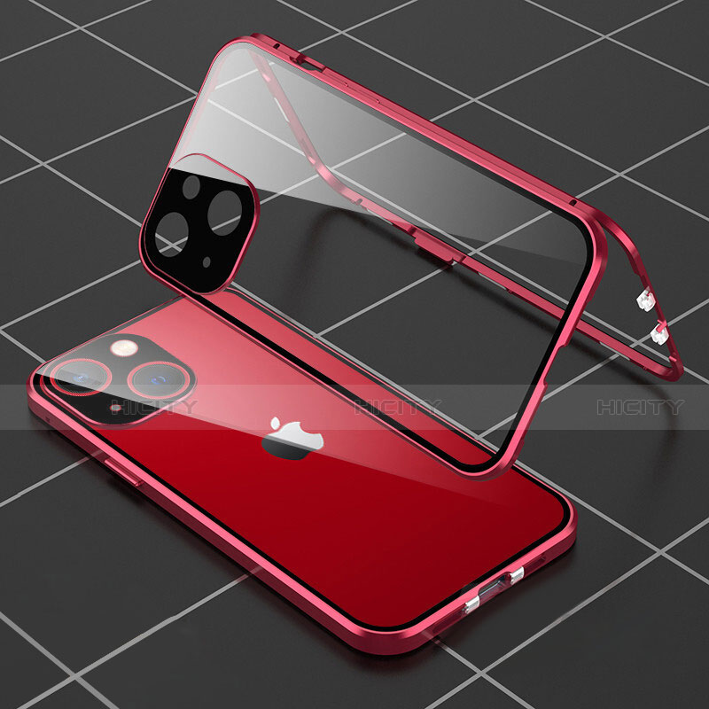 Coque Rebord Bumper Luxe Aluminum Metal Miroir 360 Degres Housse Etui Aimant M04 pour Apple iPhone 13 Mini Rouge Plus