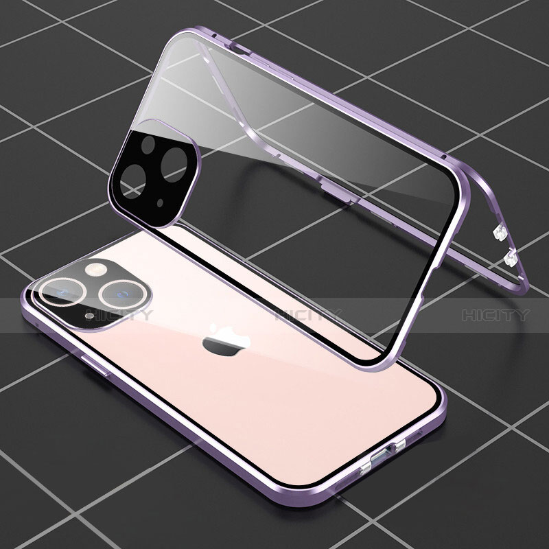 Coque Rebord Bumper Luxe Aluminum Metal Miroir 360 Degres Housse Etui Aimant M04 pour Apple iPhone 13 Violet Plus