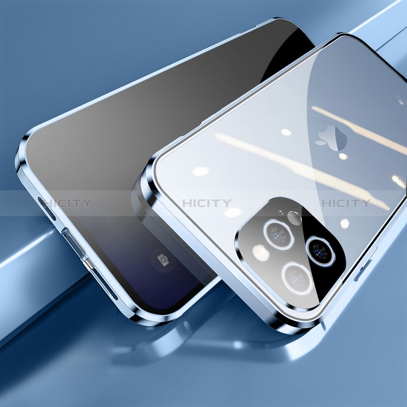 Coque Rebord Bumper Luxe Aluminum Metal Miroir 360 Degres Housse Etui Aimant M04 pour Apple iPhone 14 Pro Max Bleu Plus