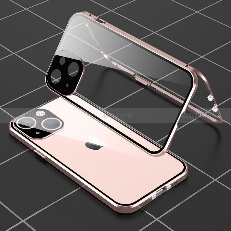 Coque Rebord Bumper Luxe Aluminum Metal Miroir 360 Degres Housse Etui Aimant M04 pour Apple iPhone 15 Or Rose Plus