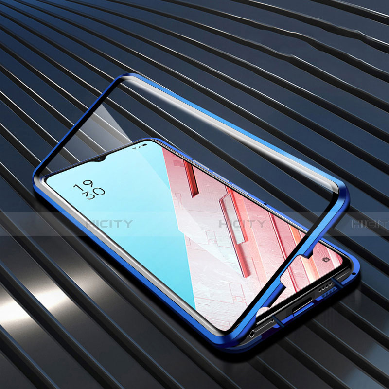 Coque Rebord Bumper Luxe Aluminum Metal Miroir 360 Degres Housse Etui Aimant M04 pour Oppo Reno3 Bleu Plus