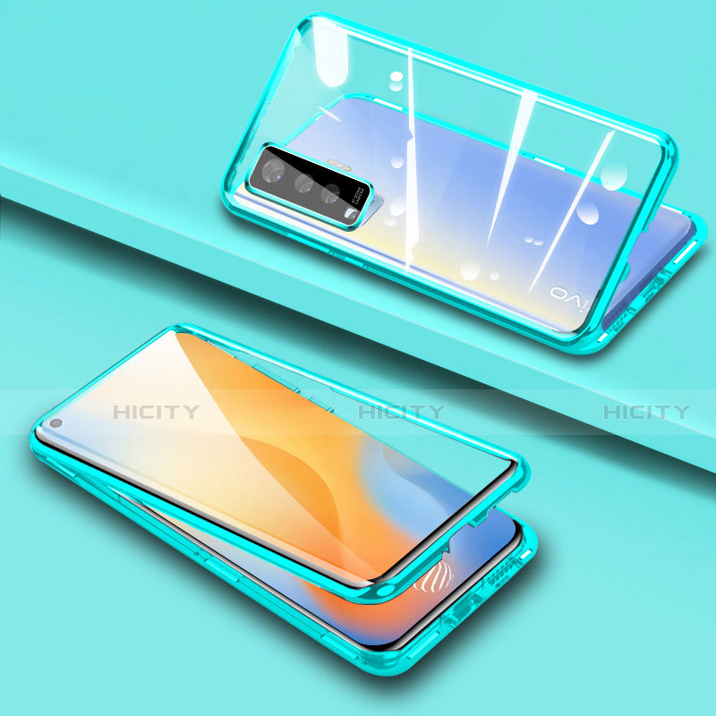 Coque Rebord Bumper Luxe Aluminum Metal Miroir 360 Degres Housse Etui Aimant M04 pour Vivo X50 5G Cyan Plus