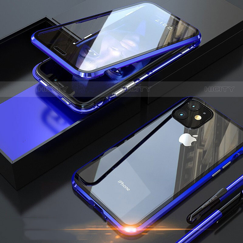 Coque Rebord Bumper Luxe Aluminum Metal Miroir 360 Degres Housse Etui Aimant M05 pour Apple iPhone 11 Pro Max Bleu Plus