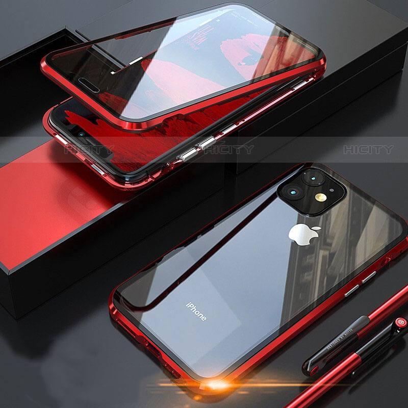 Coque Rebord Bumper Luxe Aluminum Metal Miroir 360 Degres Housse Etui Aimant M05 pour Apple iPhone 11 Pro Max Rouge Plus