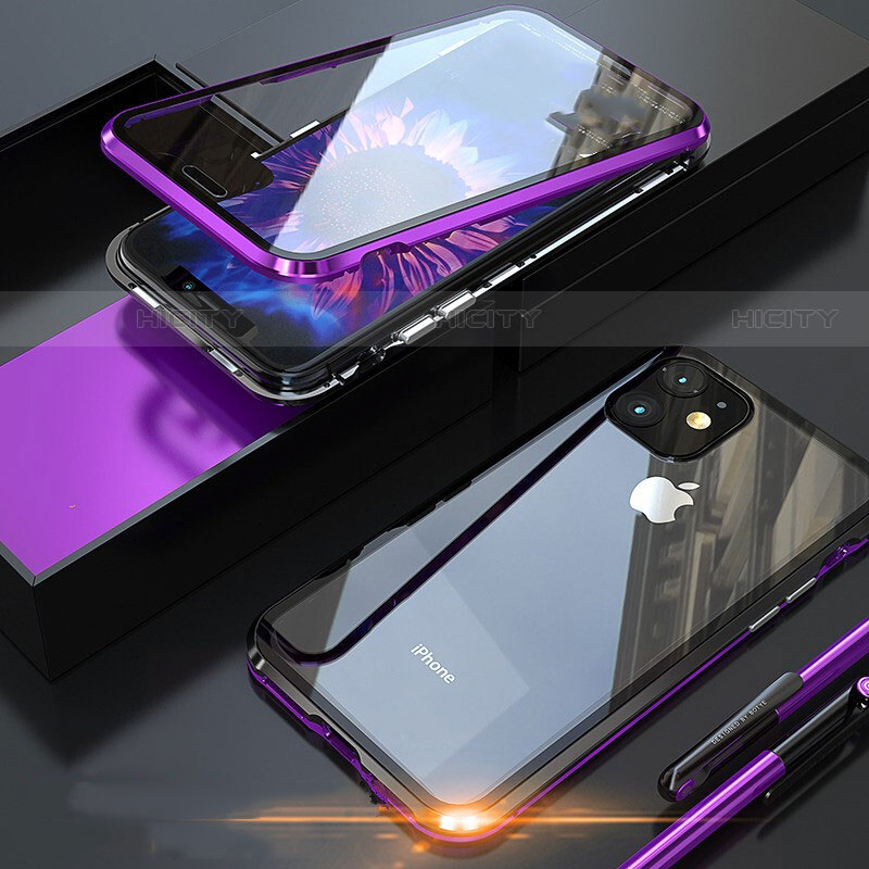 Coque Rebord Bumper Luxe Aluminum Metal Miroir 360 Degres Housse Etui Aimant M05 pour Apple iPhone 11 Pro Max Violet Plus