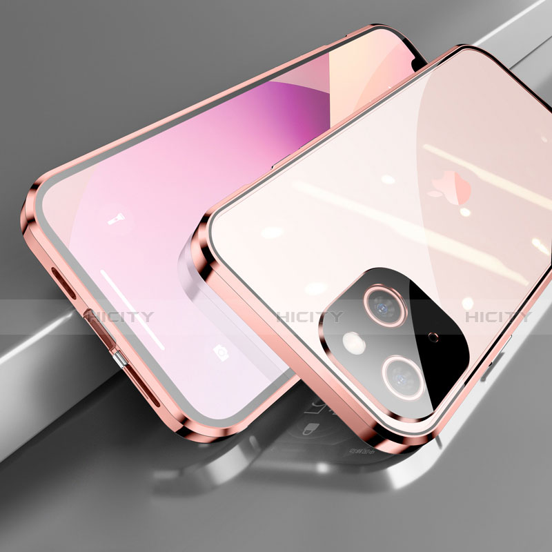 Coque Rebord Bumper Luxe Aluminum Metal Miroir 360 Degres Housse Etui Aimant M05 pour Apple iPhone 13 Mini Or Rose Plus