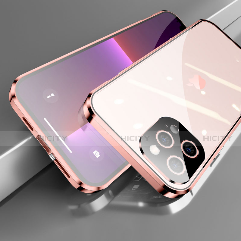 Coque Rebord Bumper Luxe Aluminum Metal Miroir 360 Degres Housse Etui Aimant M05 pour Apple iPhone 13 Pro Or Rose Plus