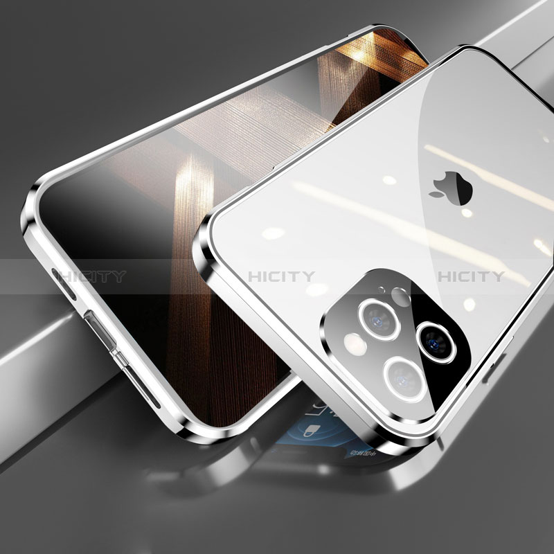 Coque Rebord Bumper Luxe Aluminum Metal Miroir 360 Degres Housse Etui Aimant M05 pour Apple iPhone 14 Pro Argent Plus