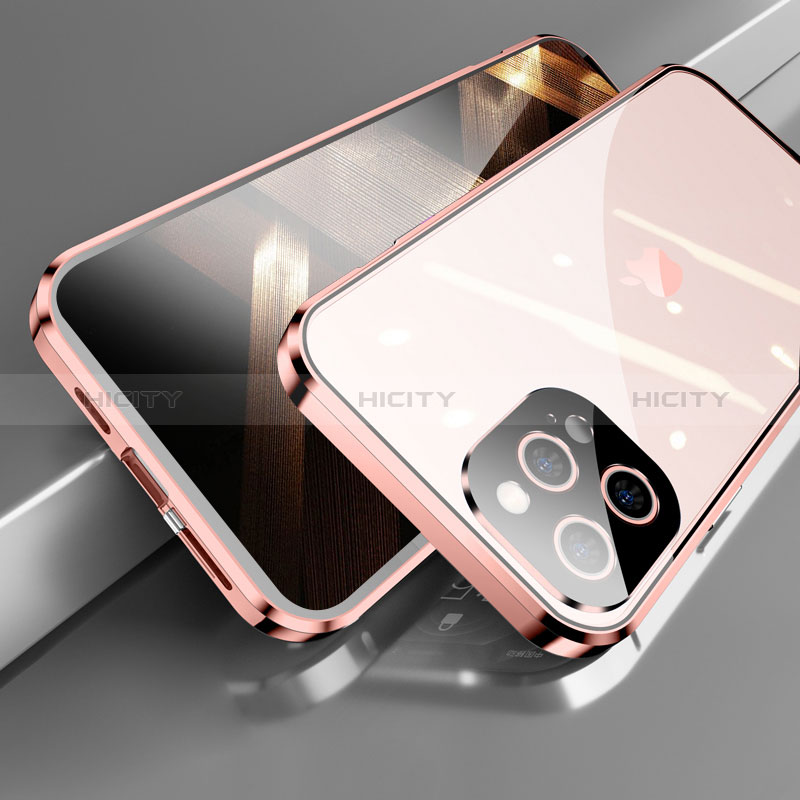 Coque Rebord Bumper Luxe Aluminum Metal Miroir 360 Degres Housse Etui Aimant M05 pour Apple iPhone 14 Pro Max Or Rose Plus