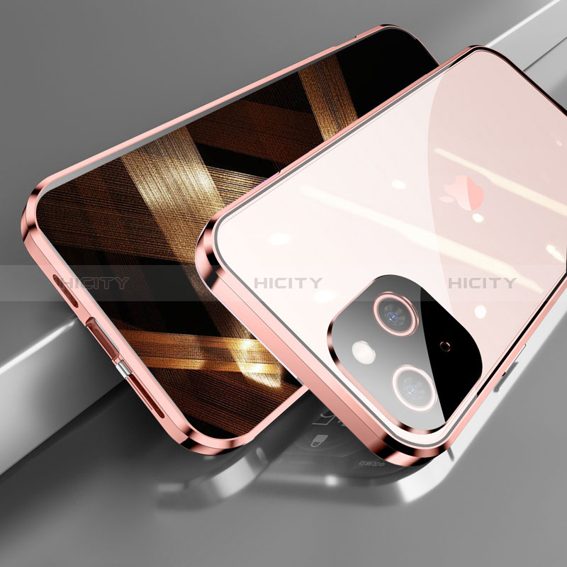 Coque Rebord Bumper Luxe Aluminum Metal Miroir 360 Degres Housse Etui Aimant M05 pour Apple iPhone 15 Or Rose Plus