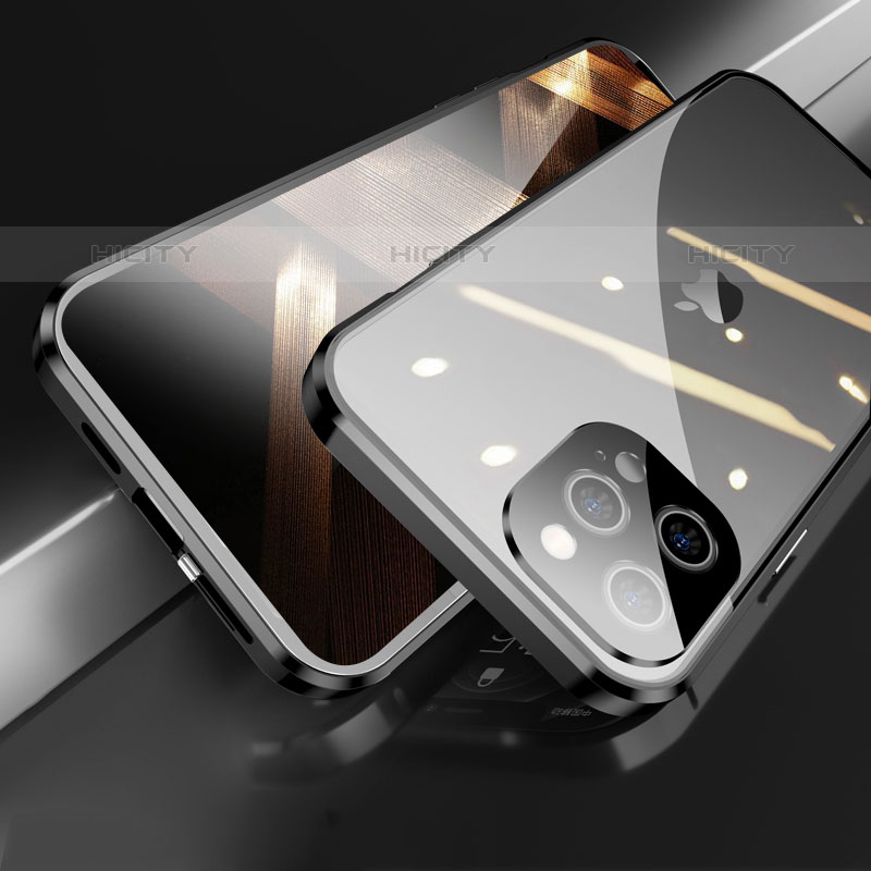 Coque Rebord Bumper Luxe Aluminum Metal Miroir 360 Degres Housse Etui Aimant M05 pour Apple iPhone 15 Pro Noir Plus