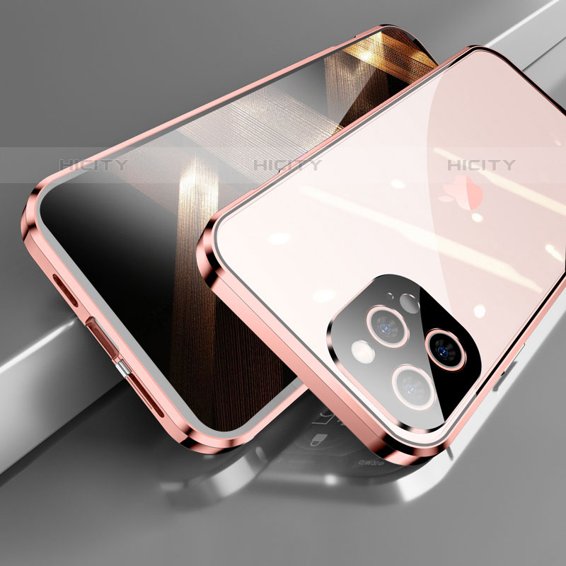 Coque Rebord Bumper Luxe Aluminum Metal Miroir 360 Degres Housse Etui Aimant M05 pour Apple iPhone 15 Pro Or Rose Plus