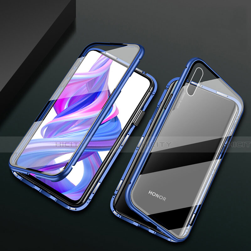 Coque Rebord Bumper Luxe Aluminum Metal Miroir 360 Degres Housse Etui Aimant M05 pour Huawei Honor 9X Bleu Plus